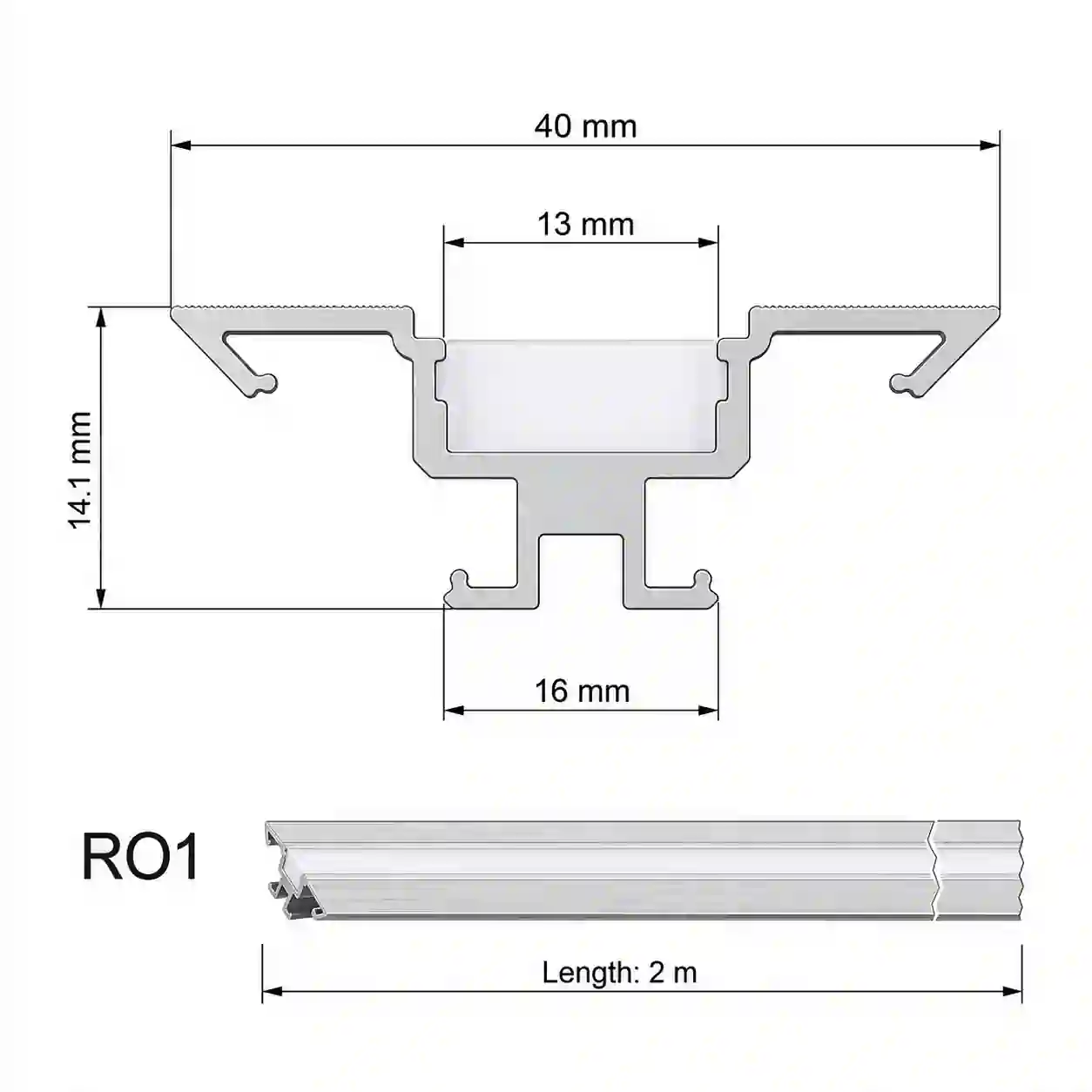Pohled shora na rohový profil RO1 šíře 40mm výška 14,1mm základna 16mm stříbrný elox délka 2 metry